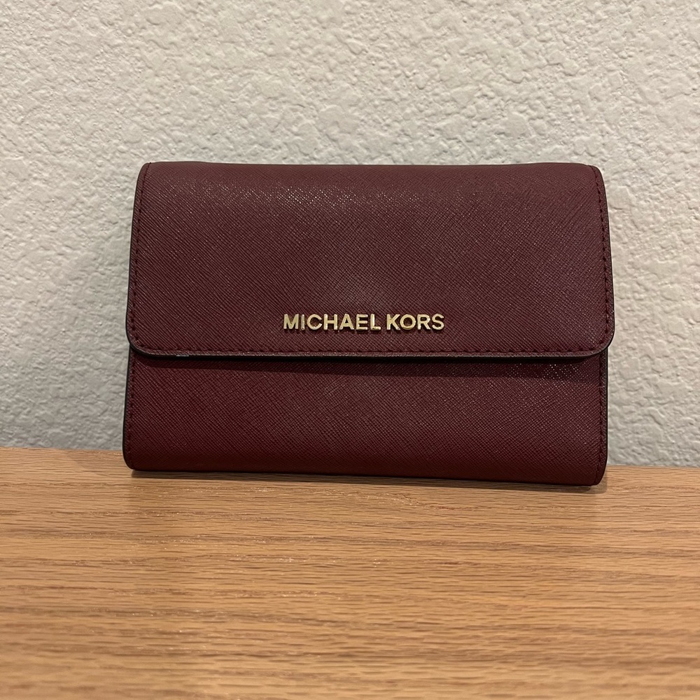 Michael Kors Burgundy Saffiano Leather Jet Set Travel Wallet on Chain